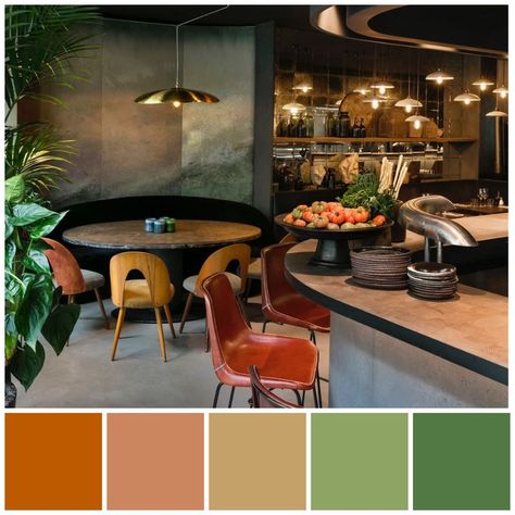 Green And Orange Interior, Cafe Colour Palette, Orange Green Color Scheme, Instagram Colour Palette, Cinema Palettes, Interior Color Palette, Palette Illustration, Landscape Palette, Beautiful Color Palettes