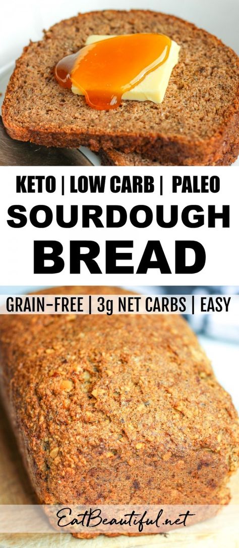 You'll love the soft, flexible texture of Keto Low Carb Sourdough Bread! Almost like a whole grain sandwich bread, but grain-free! Make sandwiches again, or toast, with this easy to digest treat! Just 3g net carbs per big slice and also Paleo! || Eat Beautiful | #ketobread #lowcarb #paleo #sourdough #bread #ketorecipes Low Carb Sourdough, Whole Grain Sandwich, Eat Beautiful, Lowest Carb Bread Recipe, Paleo Bread, Cloud Bread, Low Carb Paleo, Low Carb Bread, Diet Help