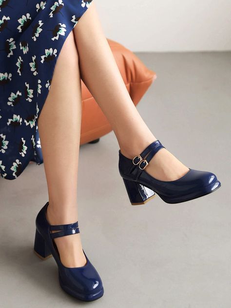 Navy Blue Mary Janes, Marry Jane Shoes Outfit, Mary Jeans Shoes, Blue Mary Jane Shoes, Blue Mary Janes, Navy Blue High Heels, Blue Shoes Heels, High Heels Outfit, Blue Preppy