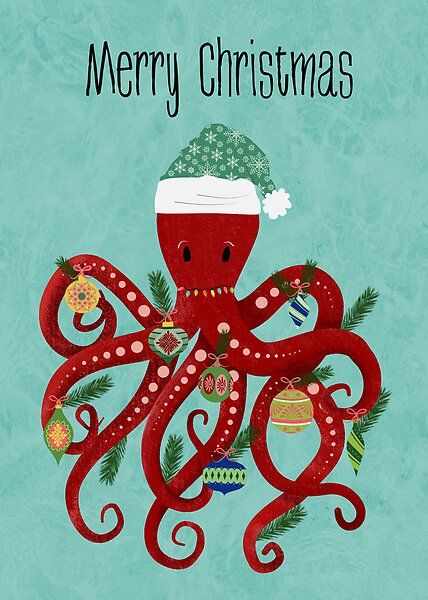 Christmas Octopus with Ornaments by Cedarrue | Redbubble Christmas Ocean Theme, Christmas Octopus, Christmas Octopus Art, Octopus Ornament, Beachy Christmas Cards, Beach Christmas Decorations, Jobs In Art, Beachy Christmas, Octopus Art