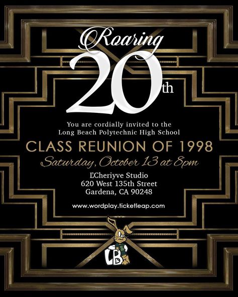 A roaring 20th reunion invitation 20 Year Class Reunion, High School Class Reunion, Reunion Invitation, Reunion Invitations, Class Reunion, High School Classes, School Class, Plan A, Crochet For Beginners