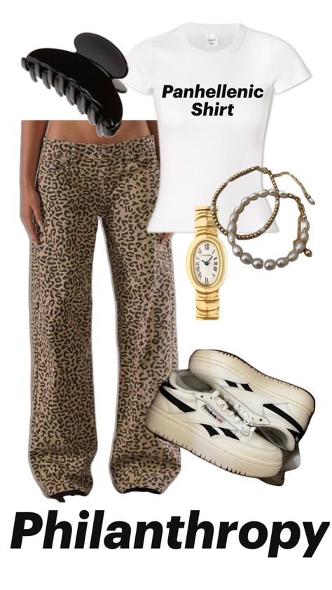 cheetah leopard print pants, gold jewlery, sneakers, recruitment outfit Sorority Recruitment Outfits Preference, Sorority Recruitment Outfits Rush Week, Panhellenic Shirts, Sorority Rush Outfits, Rush Week, Sorority Recruitment Outfits, Rush Outfits, Recruitment Outfits, Sorority Rush