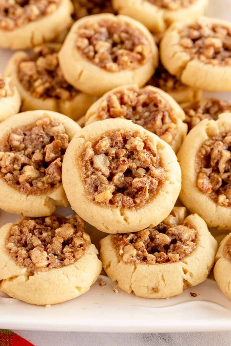 Pecan Thumbprint Cookies Recipe, Pecan Pie Stuffed Cookies, Cranberry Pecan Shortbread Cookies, Thumbprint Shortbread Cookies, Walnut Thumbprint Cookies, Pecan Pie Shortbread Cookies, Pecan Pie Thumbprint Cookies, Pecan Cookies Recipes, Small Pecan Pies