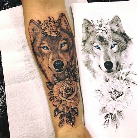 Wolf And Rose Tattoo, Wolf Tattoos For Women, Wolf Tattoo Sleeve, Inspiration Tattoos, Wolf Tattoo Design, Tattoos For Black Skin, Forearm Tattoo Women, Geniale Tattoos, Arm Sleeve Tattoos