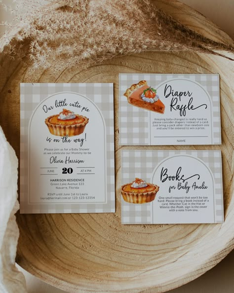 Introducing our delightful Little Cutie Pumpkin Pie Baby Shower Invitation Template! Embrace the Cutie Pie theme with this easily editable, downloadable, and printable suite. Perfect for October and November fall baby showers, it includes books for baby and a diaper raffle. Get ready to celebrate the Cutie on the Way with a touch of Thanksgiving baby joy! ✅ INSTANT ACCESS ✅ EDIT ALL TEXT/FONT & FONT COLOR ✅ PRINT AT HOME OR PROFESSIONALLY ✅ PRINTING SERVICE 👉 https://bit.ly/3MzD1Zf ✅ RELATED IT Baby Shower Pie Theme, November Baby Boy Shower Ideas, Little Cutie Pie Baby Shower Ideas, A Cutie Pie Is On The Way, Cutie Pie Baby Shower Theme Fall, Pie Themed Baby Shower Ideas, Pie Baby Shower Theme, Thanksgiving Baby Shower Ideas, Cutie Pie Baby Shower Theme