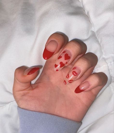 Valentine’s Day day nails round almond red French hearts kisses Red Nails With Kisses, Kiss Print Nails, Kiss Nails Designs, Lovecore Nails, Red Nails With Hearts, French Red Nails, Kiss Marry Kill Halloween Costume, Trip Nails, Nails With Hearts