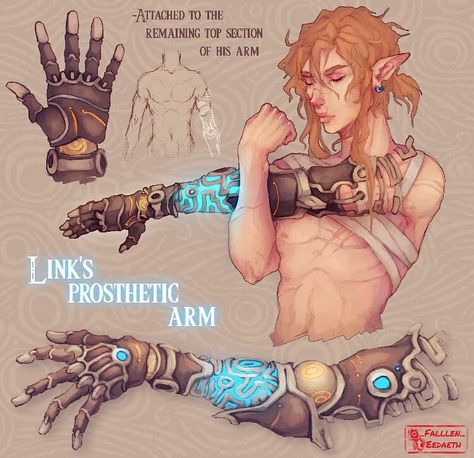 Annd here's a bit more details about my Prosthetic Arm Design. I think it's a fun concept, Sheikah prosthetic limbs and all that. If their… Prosthetic Arm, Arte Steampunk, Výtvarné Reference, Arte Robot, Zelda Art, Legend Of Zelda Breath, Arte Fantasy, 판타지 아트, The Legend Of Zelda