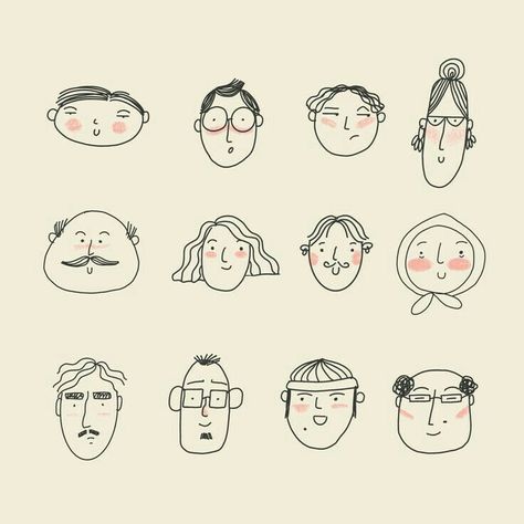 Face Expressions Illustration, Portrait Doodle Art, Self Portrait Doodle, Cartoon People Drawings Simple, Doodle Character Design, Simple Faces To Draw, People Drawings Simple, Face Doodles Sketch, Human Doodle People