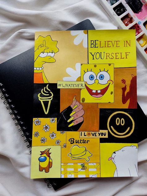 Yellow Aesthetic Drawing, Mood Board Drawing, Cute Art Projects, Painting Journal, Cute Easy Paintings, Black Drawing, Whimsical Art Journal, Posca Art, Diy Journal Books