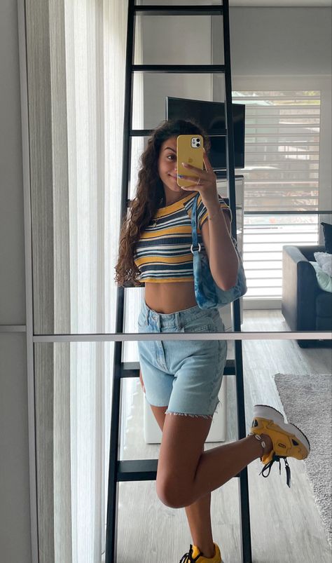 Yellow blue falcon biker shorts jeans bag outfit summer Blue Biker Shorts Outfit, Yellow Blue Outfit, Summer Jean Shorts Outfit, Blue Falcon, Jean Shorts Outfit, Jean Short Outfits, Biker Shorts Outfit, Summer Shorts Outfits, Short Jean