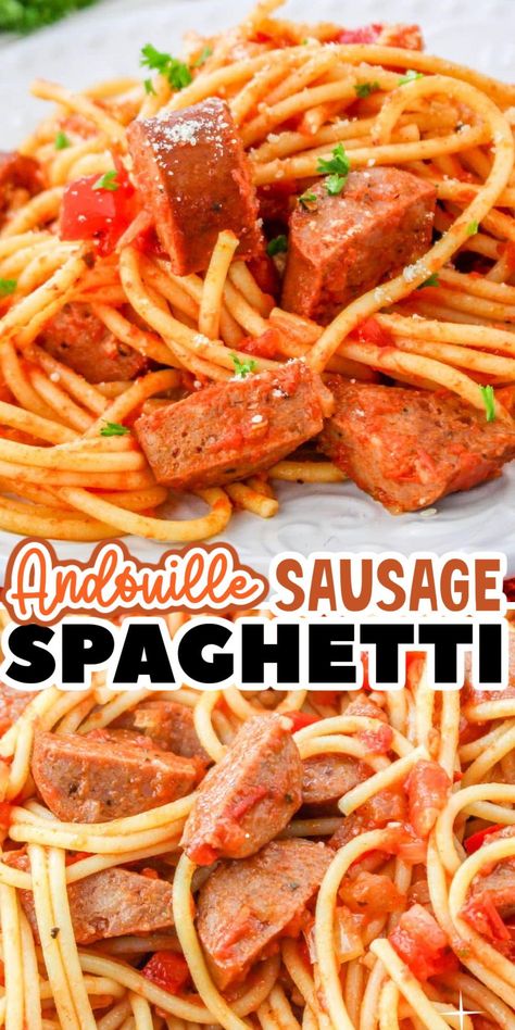 Andouille Sausage Spaghetti is an easy weeknight dinner idea. Cajun flavored Andouille sausage, tender al dente pasta, smothered in a tomato based sauce. Spaghetti And Sausage Recipe, Spaghetti And Sausage, Spaghetti With Andouille Sausage, Pasta With Andouille Sausage, Andouille Sausage Cajun Pasta, Chicken Andouille Sausage Recipe Healthy, Andouille Sausage And Zucchini, Recipes With Spaghetti Noodles, Andouille Sausage Pasta