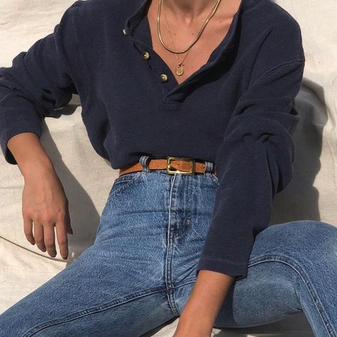 Favorite look from the archive 💙 similar Henley’s being listed this week Henley Shirt Women Outfit Aesthetic, Looks Jeans, Look Retro, Looks Street Style, Mode Inspo, 가을 패션, Mode Vintage, Mode Inspiration, Style Outfits