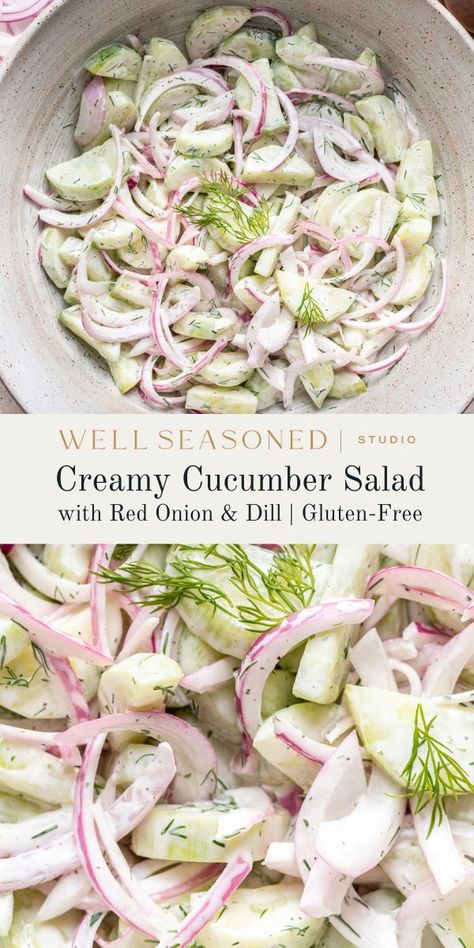 Creamy Cucumber Salad with Dill Gluten Free Cucumber Salad, Dairy Free Cucumber Salad, Shrimp Cucumber Salad, Creamy Italian Cucumber Salad, Cucumber Salad With Dill, Dill Cucumber Salad, Deviled Egg Potato Salad, Salad With Dill, Dill Salad