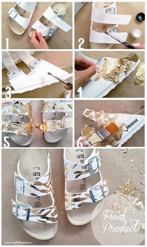 DIY Gold Leaf Sandals Birkenstock SoftMoc Leaf Paper Craft, Leaf Sandals, Using Gold Leaf, Diy Gold Leaf, Shoes Painting, Shoe Painting, Leaf Projects, Sandals Birkenstock, Craft Closet