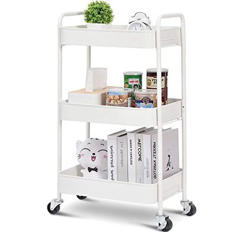 TOOLF 3-Tier Rolling Cart, Metal Utility Cart with Lockable Wheels, Storage Craft Art Cart Trolley Organizer Serving Cart Easy Assembly for Office, Bathroom, Kitchen, Kids' Room, Classroom (White) Trolley Organizer, Metal Utility Cart, Bathroom Green, Storage Trolley, Art Cart, Serving Cart, Utility Cart, Rolling Cart, Office Bathroom