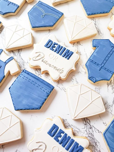 Denim And Diamonds Gender Reveal, Denim And Diamonds Cookies, Denim Or Diamonds Gender Reveal, Denim Cookies, Gender Reveal Cookies Decorated, Ring Dunk, Diamonds And Denim Party, Pinata Cookies, Gender Reveal Pinata