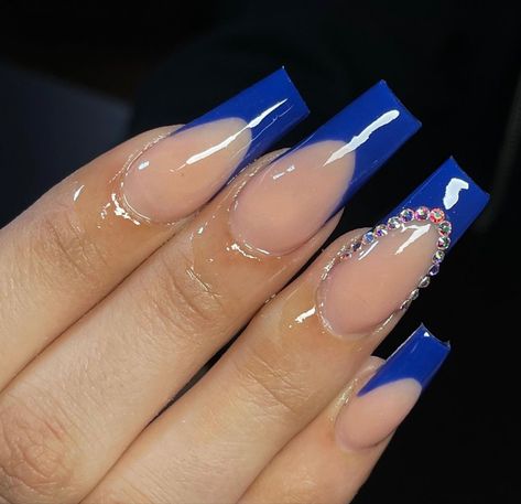 Dark Blue Acrylic Nails Coffin Design, Blue Nail Designs With Gems, Hoco Nails Dark Blue, Nail Ideas For Prom Blue, Blue French Tip With Rhinestones, Long Blue French Tip Nails, Royal Blue Simple Nails, Blue Nail French, Nails For Dance