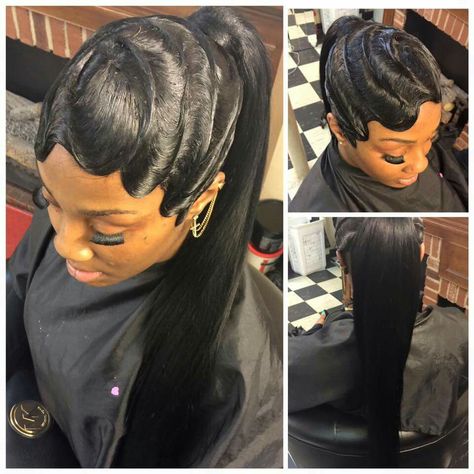 Waves and ponytail on fleek! 27 Piece Hairstyles, Finger Wave Hair, Black Ponytail Hairstyles, Quick Weave Hairstyles, Funky Hairstyles, Straight Human Hair, Hair Ponytail Styles, Ponytail Styles, Remy Hair