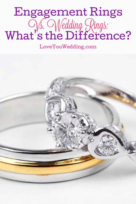 What's the difference between engagement rings vs wedding rings? Do you REALLY need both? We answered those questions & more. Check it out! Wedding Rings Vs Engagement Rings, Difference Between Wedding Ring And Engagement Ring, Difference Between Engagement Rings And Wedding Rings, Engagement Ring Vs Wedding Ring, Engagement Rings Vs Wedding Rings, Engagement Vs Wedding Ring, Gay Engagement Rings, Commitment Rings, Simple Wedding Bands