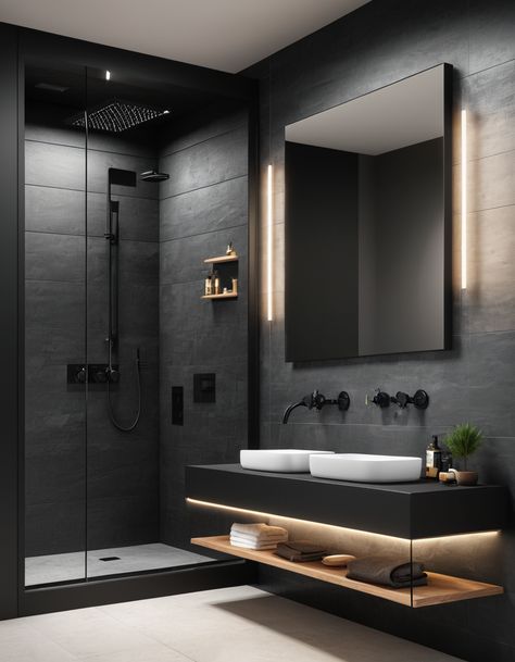 Stylish Shower Room, Bathroom Ideas Walk In Shower Modern, Dark Scandinavian Bathroom, Smart Bathroom Design, Small Masculine Bathroom, Washroom Ideas Modern, Washroom Design Modern, Modern Master Bathrooms 2024 Trends, Dark Washroom