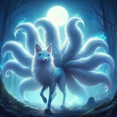 Nine Tailed Fox Art Spirit Animal, Blue Kitsune, Naruto Crossover, Mythical Creatures Fantasy, Mystical Animals, Beast Creature, Spirit Animal Art, Mythical Animal, Cute Fantasy Creatures