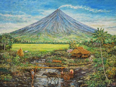 Philippines Landscape Painting, Bahay Kubo Painting, Filipino Landscape, Philippine Scenery, Philippine Aesthetic, Volcano Drawing, Filipino History, Philippines Country, Mayon Volcano