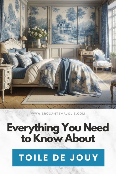 Curious about Toile de Jouy fabric and its role in French country fabric design? This guide explains everything from its historical significance to modern usage in home decor. Learn how to blend Toile with other French country fabric patterns, whether in the kitchen, dining area, or living room. Blue And White French Bedroom, Blue Toile Bedroom Ideas, Blue Toile Bedroom French Country, Toile Wallpaper Bedroom Modern, Blue Toile Living Room French Country, Yellow And Blue Toile Bedroom, Romantic French Bedroom, Toile Fabric Blue, Toile Bedroom