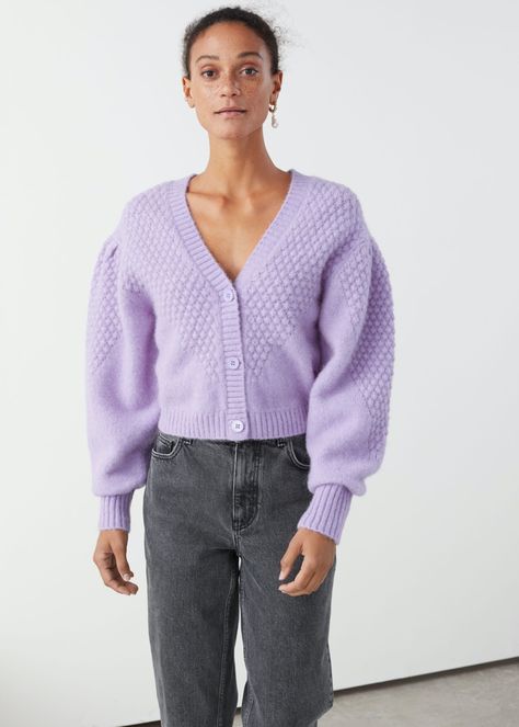 & Other Stories Waffle Knit Wool Blend Cardigan in Lilac $119 Lilac Sweater Outfit, Lilac Cardigan Outfit, Pants Sweater Outfit, Lilac Pants, Lilac Sweater, Lilac Cardigan, Puff Sleeve Cardigan, Cold Weather Outfit, Capsule Wardrobe Essentials