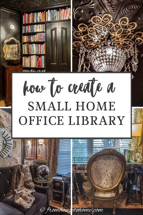 Small Home Office Library, Small Library Room Ideas, Small Library Room, Gold Decor Ideas, Office Library Ideas, Small Home Library Ideas, Home Office Library Ideas, Cozy Reading Room, Small Home Library