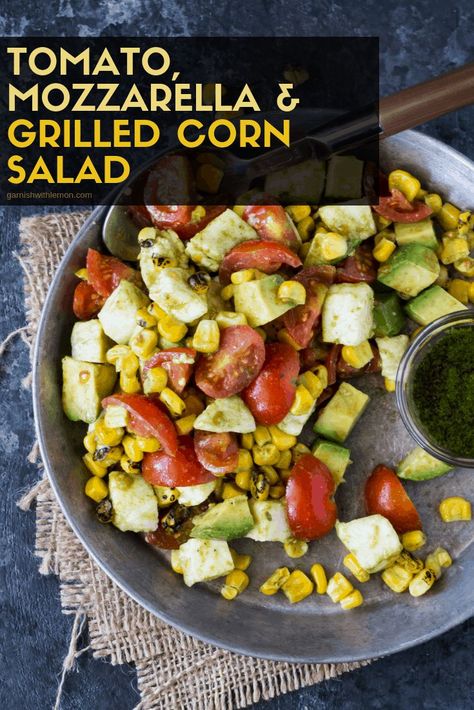 Summer sweet corn and juicy tomatoes join forces with fresh mozzarella and creamy avocado to make this Tomato, Mozzarella and Grilled Corn Salad one of my all-time favorite summer side dishes!  #corn #salads #bbqsides #tomatoes #avocado Easy Bbq Side Dishes, Grilled Corn Salad, Bbq Side Dishes, Easy Grilling Recipes, Bbq Side, Avocado Tomato Salad, Fruit Salad Easy, Mozzarella Salad, Gluten Free Sides Dishes