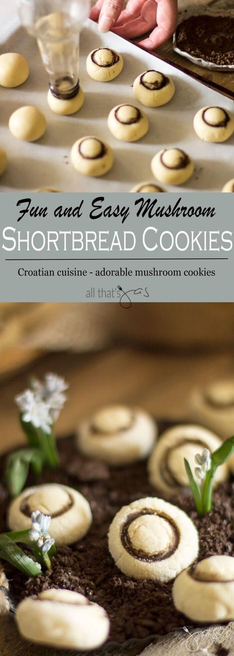 Sweet Shortbread Cookies shaped like mushrooms using one simple trick. These adorable cookies will impress and outshine any table setting. Easter Dessert Easy, Cottagecore Recipes, Croatian Cuisine, Mushroom Cookies, Mushroom Dish, Button Mushroom, Christmas Cookie Exchange, Fools Day, Food Table