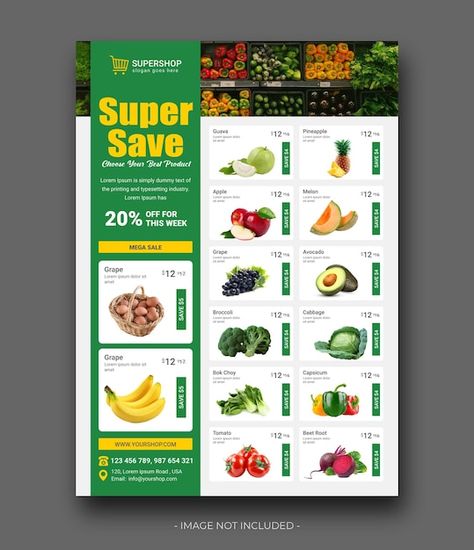 Vector supermarket flyer design | Premium Vector #Freepik #vector #supermarket-products #supermarket-grocery #grocery-store #grocery-shopping Grocery Marketing Ideas, Grocery Store Advertising Design, Grocery Store Flyer Design, Grocery Catalogue Design, Supermarket Promotion Design, Supermarket Catalogue Design, Super Market Poster, Grocery Market Design, Supermarket Graphic Design