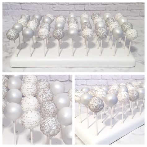 Silver and white cake pops. Made December 2017. Birthday Decorations White And Silver, Silver And White Dessert Table, White And Silver Strawberries, Cake Pops Winter Wonderland, White And Silver Cake Pops, White And Silver Theme Party Decoration, Silver And White Theme Party, Silver White Party Decor, Winter Onederland Cake Pops