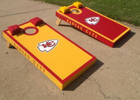 KC Chiefs cornhole boards Chiefs Cornhole Boards, Chiefs Crafts, Kc Cheifs, Cornhole Boards Designs, Corn Hole Diy, Cornhole Designs, Outside Games, Kansas City Chiefs Football, Cornhole Game