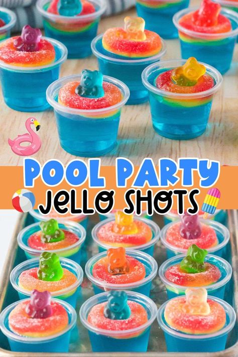 Pool Party Jello Shots are a fun way to unwind by the water this summer simply by swapping out your cooler filled with cans and serving these adorable, alcohol-infused sweet treats. This vodka jello shot recipe is so quick and easy to make using only fruit-flavored jello, vodka, water, and the cutest combination of candy. Pins Colada Jello Shots, Fruity Jello Shots, Tropical Jello Shots, Strong Jello Shots Recipe, Sugar Free Jello Shots, Pool Party Jello Shots, Party Jello Shots, Alcohol Jello Shots, Rum Jello Shots