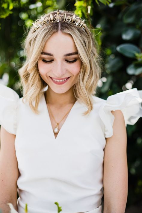 Bridal Headband With Hair Down, Glasshouse Wedding, Long Bob Blonde, Barber Photography, Short Bridal Hair, Short Hair Bride, Bridal Crown Tiara, Halfpenny London, Fall Ball