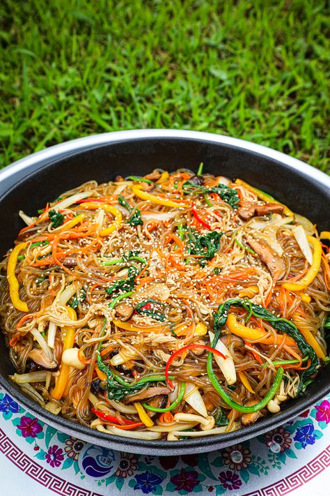 Vegetarian Japchae, Japchae Recipe Korean, Korean Vegetarian Recipes, Japchae Recipe, Korean Sweet Potato Noodles, Korean Sweet Potato, Seonkyoung Longest, Vegetable Noodles, Sweet Potato Noodles