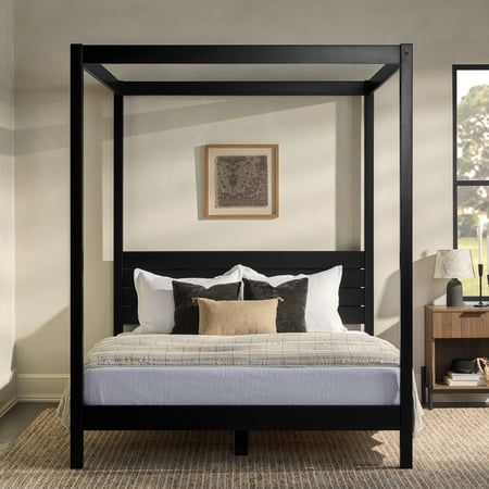 Give your bedroom the refresh you deserve with the Walker Edison Minimalist Slatted Wood Queen Canopy Bedframe. This versatile piece looks right at home in minimalist, Scandi, and Japandi interiors. The tall canopy frame is perfect for your choice of a gauzy fabric or thick blackout drapes. The sturdy solid wood construction and center legs mean you can sleep securely, while included support slats mean you dont have to worry about a bulky box spring. This convenient piece features a quick sixty- Wood Canopy Bed, Wood Canopy, Solid Wood Bed Frame, Canopy Frame, Slatted Headboard, Queen Mattress Size, King Size Mattress, Walker Edison, Inspire Me Home Decor