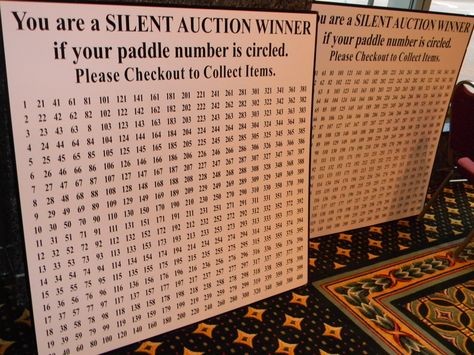 Silent Auction Paddle Number board. You are a WINNER if your paddle number is circled. No need to waste standing in line to see if you are winner or not. Silent Auction Display, Silent Auction Tips, Silent Auction Fundraiser, Auction Paddles, Wine Pull, Fundraising Games, Number Board, Silent Auction Baskets, Auction Baskets