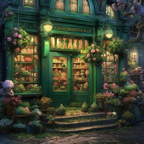 Witch Store Illustration, Fantasy Flower Shop, Casual Background, Exterior Perspective, Witch Store, Village Drawing, Fantasy Story Ideas, Light City, Magical Room