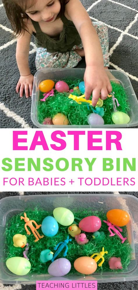 Try this simple Easter egg sensory bin activity with your baby or toddler. Easy to set up & use household items. Improve fine motor skills & language Egg Sensory Bin, Easter Sensory Bin, Easter Sensory, Simple Easter Eggs, Teaching Toddlers, Toddler Easter, Indoor Activities For Kids, Sensory Bin, Kid Activities