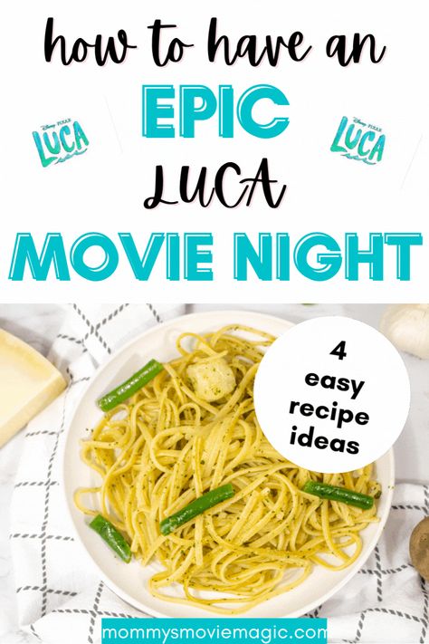 Enjoy a Disney Pixar's Luca themed movie night where these Disney Pixar's Luca themed foods and recipes will be perfect for a movie night or a Disney Pixar's Luca Party! If you are looking for family friendly recipes or Wreck It Ralph Party food including Trenette al Pesto, Ocean Fish Jello, Gelato, and Ocean Water, and Luca Activity Packet, then this is the post for you! These are also perfect for any Luca party idea or Luca Birthday Party! Luca Movie Night Food, Luca Themed Dinner, Luca Birthday Party Ideas Food, Luca Dinner And Movie, Luca Movie Night, Wreck It Ralph Party, Trenette Al Pesto, Themed Movie Night, Family Movie Night Snacks