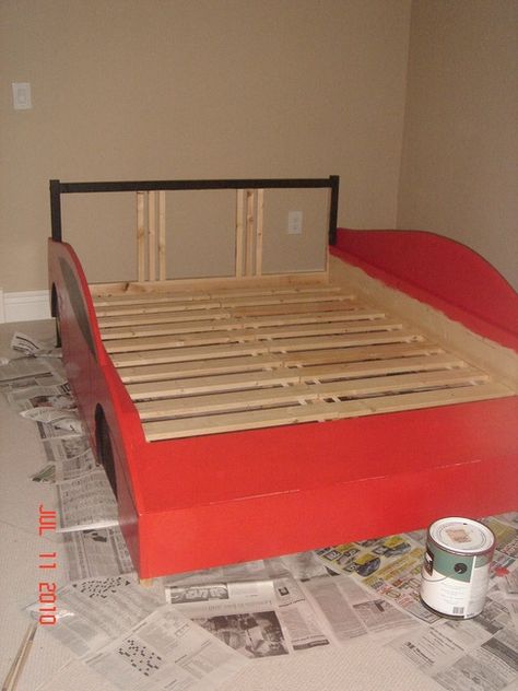 Race Car bed - IKEA Hackers - IKEA Hackers Car Bunk Bed, Car Bed Aesthetic, Car Bedroom Ideas, Preschool Bedroom, Ikea Fjellse, Princess Beds, Car Bed Frame, Race Car Bedroom, Toddler Car Bed