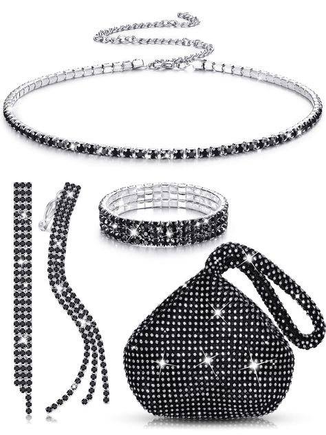 PRICES MAY VARY. Party jewelry set: we provide you 1 piece of rhinestone clutch purse, 1 piece of glitter choker, 1 piece of crystal bangle and 1 pair of dangle ear clips, an exquisite combination can meet your wedding party dress needs, or you can share them with your friends Bling triangle clutch: the rhinestones handbag is made of fabric lining with glitter rhinestones on the outside, and the inner material is soft and smooth, won't scratch the inner items; Push the magnetic button and zipper Glitter Choker, Wedding Choker Necklace, Glitter Purse, Rhinestone Handbags, Rhinestone Jewelry Set, Rhinestone Clutch, Crystal Bangle, Women's Jewelry Sets, Rhinestone Jewelry