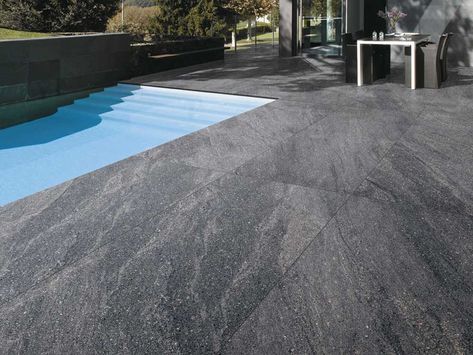 Terrazza Tiles • Premium porcelain tile supplier in Kelowna, B.C. Dark Pool Tile, Paver Ideas, Swimming Pool Mosaics, Pool Pavers, Outdoor Porcelain Tile, Exterior Tiles, Glass Pool, Swimming Pool Water, Patio Flooring