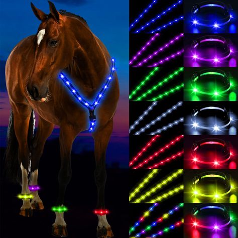 PRICES MAY VARY. Quality Equestrian Gear: our professional equestrian set includes 1 LED horse breastplate collar and 4 LED horse leg bands; Crafted with adjustable water resistant LED straps, our horse riding gear is durable, sturdy, and simple to clean; This kit also comes with 2 USB charging cables, ideal for your night horse training usage 7 Colors: stand out during night rides with our 7 vibrant lighting color modes; Have an option to choose from 6 single colors, blue, green, red, white, ye Horse Stuff To Buy, Night Horse Riding, Horse Essentials, Tail Bags For Horses, Western Riding Tack, Bling Horse Tack, Rodeo Nails, Night Horse, Horse Riding Gear