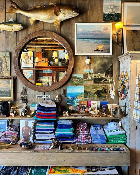 MATE GALLERY | first install of vintage at our nantucket summer shop @farawayhotels | Instagram Vintage Outdoor Aesthetic, Sag Moon, Artist Space, Lake Cabin Decor, Bait Shop, Nantucket Summer, Shed Interior, Fishing Cabin, Fishing Shop