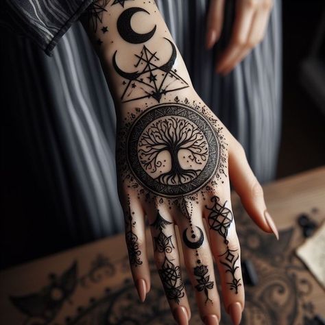 Magical Hands Tattoo, Witchy Full Sleeve Tattoos For Women, Witchy Hand Tattoos, Wicca Tattoo, Herren Hand Tattoos, Gotik Tattoo, Witchcraft Tattoos, Pagan Tattoo, Wiccan Tattoos