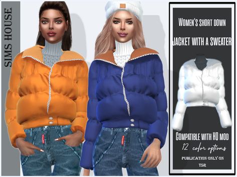 The Sims Resource - Women's short down jacket with a sweater Sims 4 Cc Clothes Female Jacket, Sims 4 Alpha Cc Clothes Winter, Sims 4 Cropped Sweater, Sims 4 Cc Knitted Sweater, Sims 4 Winter Jacket, Sims 4 Winter Outfits, Sims 4 Ripped Jeans, Sims 4 Outerwear Cc, Sims 4 Cc Puffer Jacket