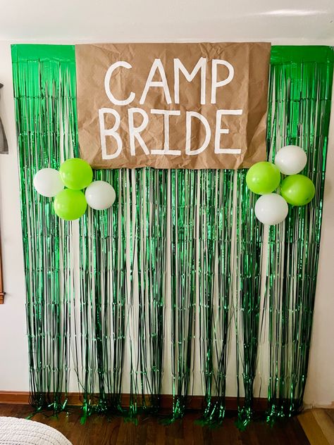 Camp Bride photo backdrop Camp Bachelorette Activities, Camp Bride Bachelorette Parties, Camp Bachelorette Party Decorations, Bee Bachelorette, Camp Bachelorette Theme, Camp Bride, Bachelorette Party Lake, Glamping Bachelorette Party, Camp Bachelorette Party